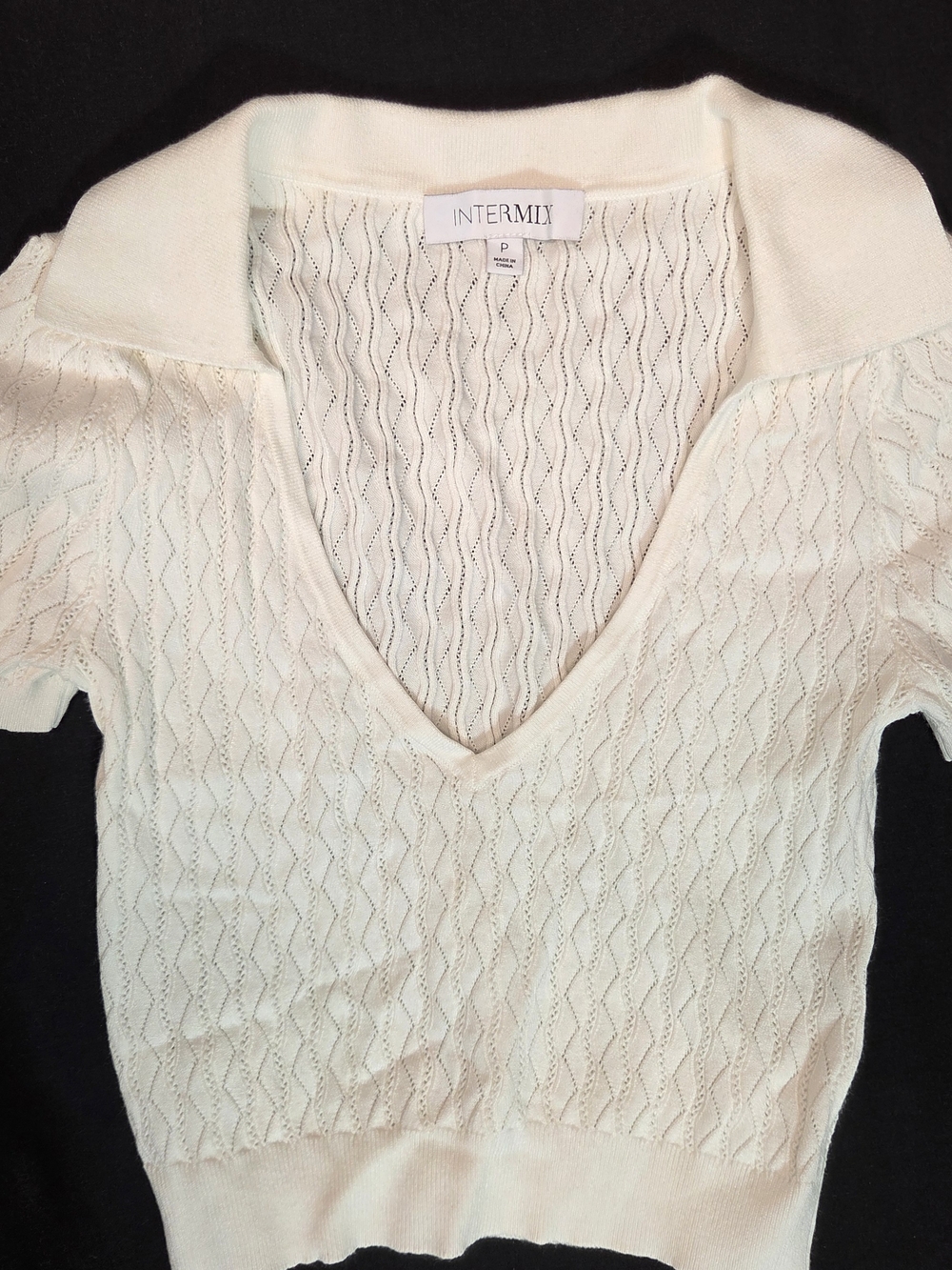 INTERMIX Ivory Cream Pointelle Cable Knit Short Sleeve Polo V-Neck Top Size P XS